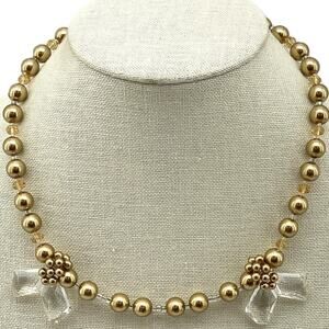Gold Tone Ball Beaded Necklace w/ Clear Glass Ribbon Accent Costume Jewelry
